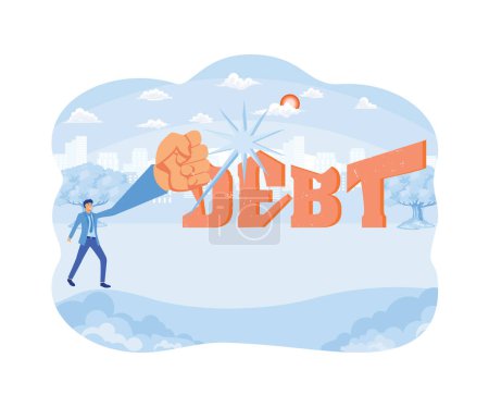 Unternehmer, die versuchen, die hohe Schuldenlast zu zerschlagen und zu zerschlagen. Schuldenabbau. flacher Vektor moderne Illustration