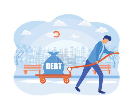 Illustration for Businessman sweating and pulling a cart with text Debt on it. flat vector modern illustration - Royalty Free Image