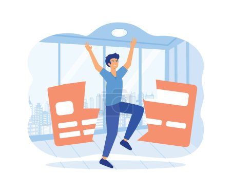 Trap of credit card debt. young man happy after paying off credit card debt. flat vector modern illustration