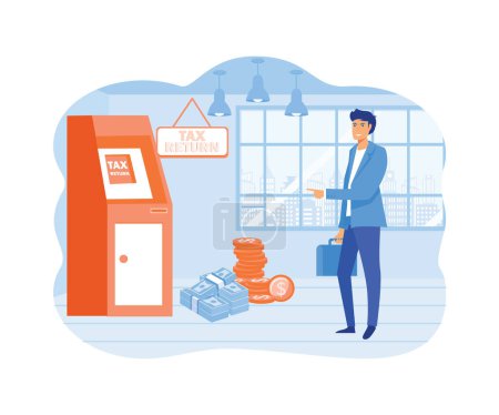 Steuererklärung. Erfolgreicher Geschäftsmann, Geschäftsmann, der vor dem Geldautomaten steht. flacher Vektor moderne Illustration