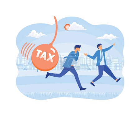 Businessman running away from big pendulum with tax message, financial crisis in tax burden concept. flat vector modern illustration