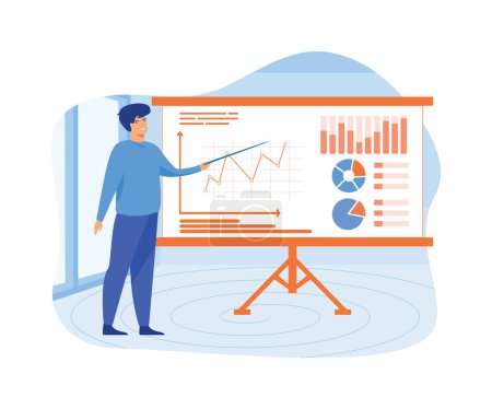 Consultant businessman near whiteboard holding pointer in hand, training. diagrams, financial report graphs. Accounting organization process. flat vector modern illustration