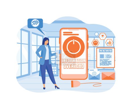 Information overload. Little girl who protects herself from the flow of information and news turns off her smartphone. flat vector modern illustration
