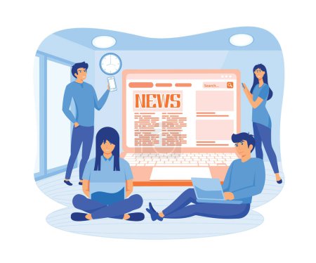 Online news. Modern young men and women use smart phones to read news. flat vector modern illustration