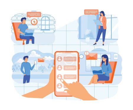 Mobile phone user sharing news online, sending messages to friends, holding cellphone with contact list on screen. flat vector modern illustration