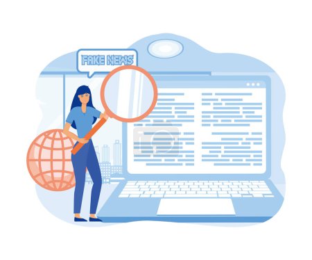 Illustration for Woman with magnifying glass research on fake news spreads in social media. flat vector modern illustration - Royalty Free Image