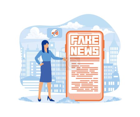 Fake-News-Metaphern. Winziges Mädchen liest Nachrichten mit Handy-App Massenmedien, heiße Online-Informationen, Propaganda-Nachrichtensendungen. flacher Vektor moderne Illustration