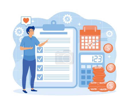 Budget planning. Financial analyst planning at check list on clipboard, calculator and calendar. flat vector modern illustration