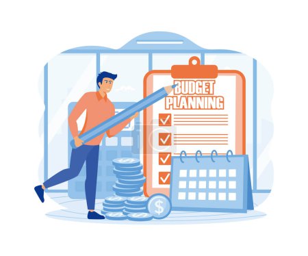 Tiny person planning budget. Man calculating tax and expenses, making financial checklist. flat vector modern illustration
