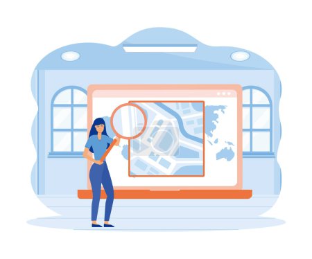 Geo-Standortkonzept erstellen. Winzige weibliche Figur sucht Route und betrachtet Online-Landkarte mit Lupe auf dem App-Bildschirm. flacher Vektor moderne Illustration