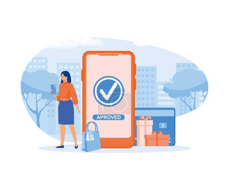 Woman pays successfully and safely. Online mobile payment and banking service. flat vector modern illustration