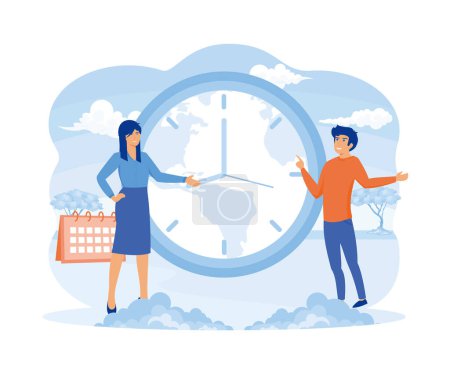 World time zones. International time and date. Big clock showing local time. Tiny business people worldwide. flat vector modern illustration