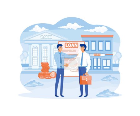 Concepto de préstamo comercial. Empresario pidiendo prestado o debiendo dinero en el banco para mejorar su negocio. vector plano ilustración moderna