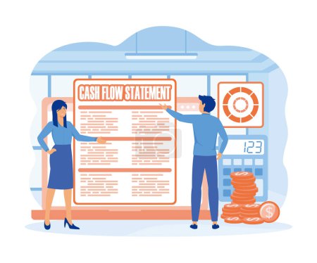 Cash flow statement Businesswoman and businessman checking cash flow statement on laptop together. flat vector modern illustration