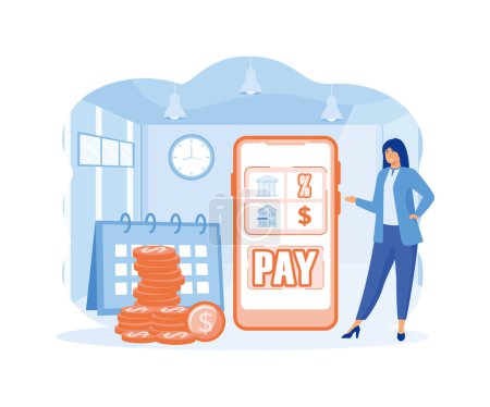 Payment date concept. Woman with payment schedule pay money for interest rate, fees, principal and financial bills by month period. flat vector modern illustration
