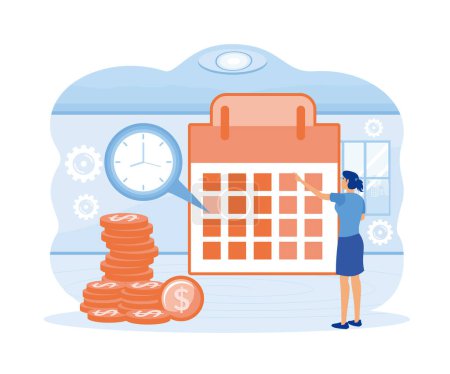 Illustration for Payday date concept. Woman check pay schedule or payroll. flat vector modern illustration - Royalty Free Image