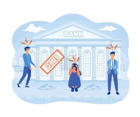 Bank closed. Financial crisis, people bankrupt. Angry crowd on street government buildings. Flat frustrated man woman without money, difficult banking investment situation. flat vector modern illustration