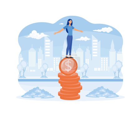 Financial Instability Concept. Woman Balancing On Coin, Financial Planning, Investing, Impact Of Recession On Business Or Economic related Content. flat vector modern illustration