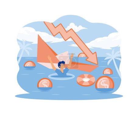 Bankruptcy business. Economic financial crisis, sinking business, loan payback money problem, people and economy recession falling arrow. flat vector modern illustration