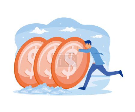 Financial Instability Concept. Male Character Pushing A Row Of Oversized Falling Coins. flat vector modern illustration