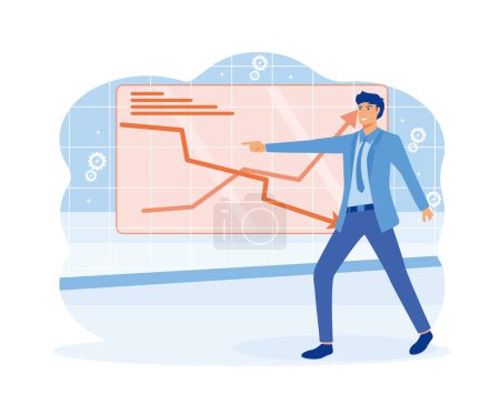 Illustration for Man showing to finance graph. Economic downturn trouble, rise inflation, decline company money. flat vector modern illustration - Royalty Free Image