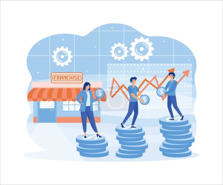 Franchise mACarketing system. People Start Franchise Small Enterprise, Company with Corporate Headquarter. Shop and Stacks of Money, Graph. flat vector modern illustration
