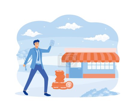 Businessman opening or buying a franchise. Buying a finished business. Concept of business industry, franchising, business expansion, distribution. flat vector modern illustration