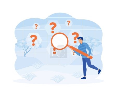 Illustration for Man holding magnifying glass and looking through it at interrogation points. Concept of frequently asked questions, query, investigation, search for information. flat vector modern illustration - Royalty Free Image