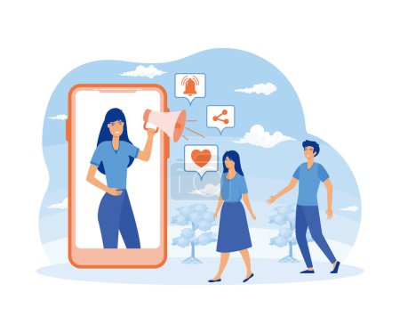 Social media influence concept. Key Opinion Leaders. Woman with at mobile phone screen holding megaphone influencing audience. flat vector modern illustration