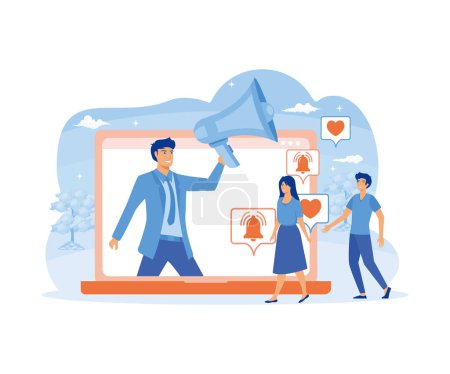 Social media influence concept. Key Opinion Leaders. Man at laptop screen holding megaphone influencing audience. flat vector modern illustration