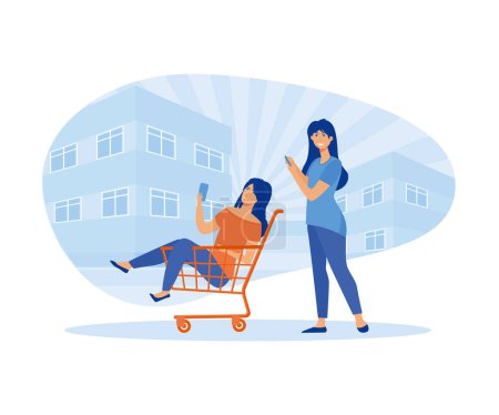 Großer Rabatt. Frau, die im Einkaufswagen sitzt und online einkauft, mit Einkäufen. flacher Vektor moderne Illustration