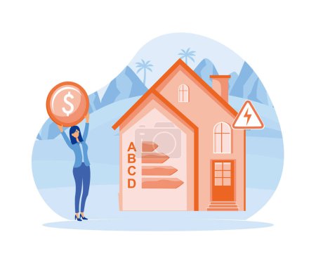 Energy efficiency in household and industry. Woman checks heating meter and calculates household utility bill. flat vector modern illustration flat vector modern illustration
