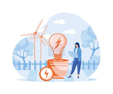 Energieverbrauchskonzept. Frau zieht Geräte aus und verwendet Energiesparlampen. flacher Vektor moderne Illustration