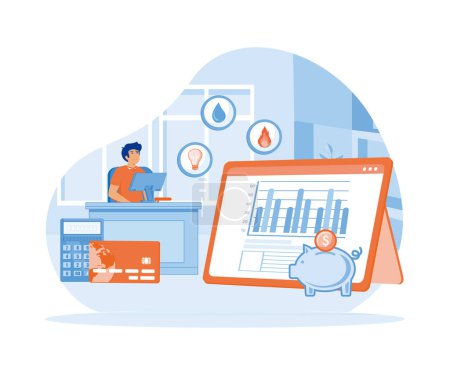 Utility bills concept. Man checking and paying utility bills online on his computer. flat vector modern illustration