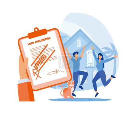 Approved Loan concept. Hand holds loan approval application paper sheets document. Mortgage or credit form with stamp approved and happy person jumping behind. flat vector modern illustration