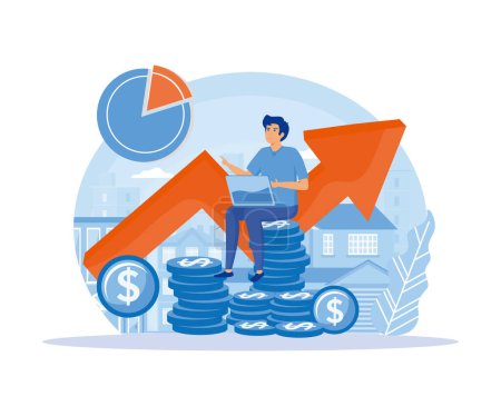 Financial consultant leaning on a stack of coins smiles friendly and waves with hand. Successful investor or entrepreneur. Financial consulting, investment and savings. flat vector modern illustration