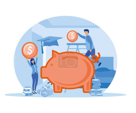 Man putting coin in piggy bank, saving money for education. School fund, investment concept for banner. flat vector modern illustration