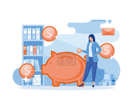 Eine Frau legt Geld oder Münzen in ein Sparschwein, das isoliert auf einem Sparbuch liegt oder Geld für Finanzdienstleistungen und Anwendungen anhäuft. flacher Vektor moderne Illustration