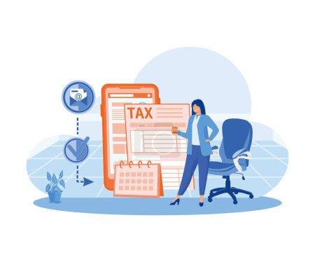 A woman uses a tax calendar to fill out taxes. Taxation planning concept. flat vector modern illustration