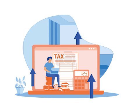 A man is completing an online declaration form using a laptop. Taxation planning concept. flat vector modern illustration