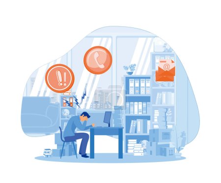 Illustration for Stress in Office concept. Tired and exasperated office worker is grabbed his head among piles of papers and documents. flat vector modern illustration - Royalty Free Image