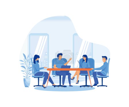 Business Meeting concept. Team of people sitting at desk with laptops, working together, discussing start up. Meeting of colleagues. flat vector modern illustration