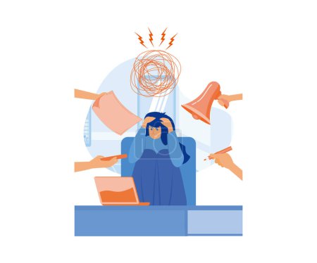Multitasking Arbeitskonzept. Geschäftsfrau umgeben von Händen mit Bürosachen. Multitasking und Zeitmanagement. flacher Vektor moderne Illustration