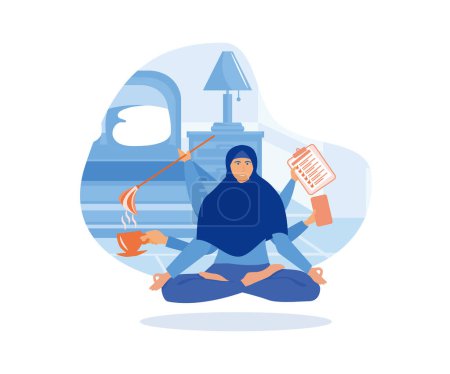Multitasking Work concept. Girl with many arms sits in the Yoga lotus position and doing many tasks at the same time. flat vector modern illustration