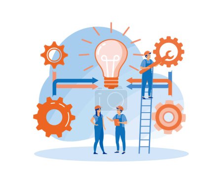 Group of young business people collaborating, solving problems, thinking about creative idea, brainstorming and teamwork concept. flat vector modern illustration