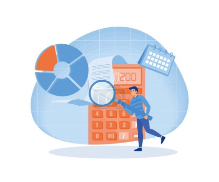 Illustration for Man looking through magnifying glass at bill, check or invoice. Concept of accounting and auditing service for business, budget planning, revenue calculation. flat vector modern illustration - Royalty Free Image