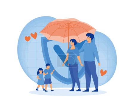 Family standing under insurance umbrella together. Shield protection for parents and children. Health and life insurance concept for banner. flat vector modern illustration