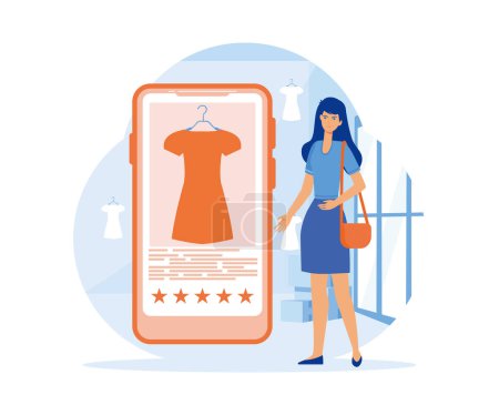 Compras en línea móvil, mujer comprar vestidos en tiendas en línea, compras en las redes sociales a través del teléfono, Compras en línea y servicio de entrega. vector plano ilustración moderna