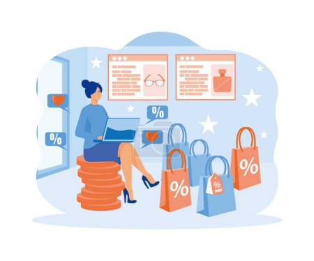 Online shopping and order. Young woman shop online using laptop. flat vector modern illustration