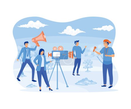Film Production concept. People Filming and Talking Using Headphone. flat vector modern illustration